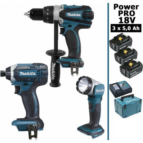 Pack Makita Power PRO 18V: Perceuse 91Nm DDF458 + Visseuse à chocs 165Nm DTD152 + Lampe Torche LED 180lm DEADML802 + 3 batt 5Ah (1/5)