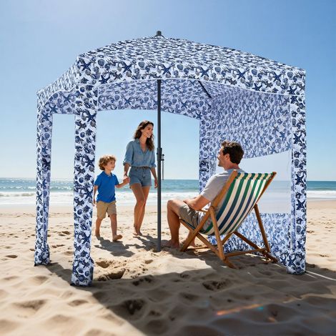 Tonnelle de Plage 1,83x1,83 m, Abri de Plage avec Parois Latérales et Poches à Sable, Tente de Camping Extérieur avec Sac de Transport, Protection UPF 50+, Hauteur Réglable, Ombrage Spacieux (1/5)