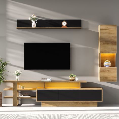 Ensemble meuble TV 3 pièces LED noir et bois naturel meuble TV 180 cm vitrine étagère murale 3 tiroirs TV 80 pouces salon chic