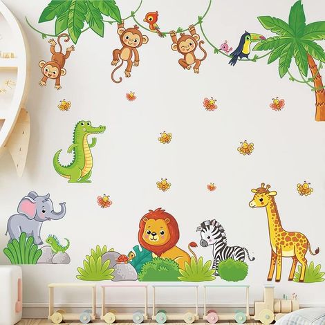 Jungle Animaux Sticker Mural Dessin Animé Animal Sticker Singe Girafe Lion Zèbre éléphant Décoration Murale DIY Vinyle Art Mural pour Enfants Chambre de Bébé Chambre (1/5)