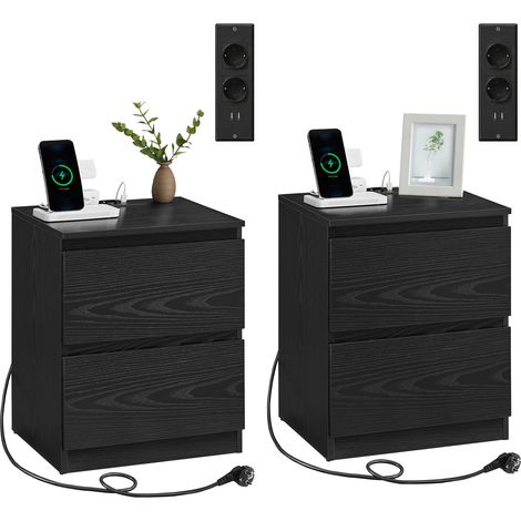VASAGLE KAILYN Collezione - Comodini con Ciabatta Elettrica, Set di 2 Tavolini, 2 Cassetti, 2 Prese AC, 2 Porte USB-A, Soggiorno Camera da Letto, Moderno, Nero Ebano LET821B02 (1/5)
