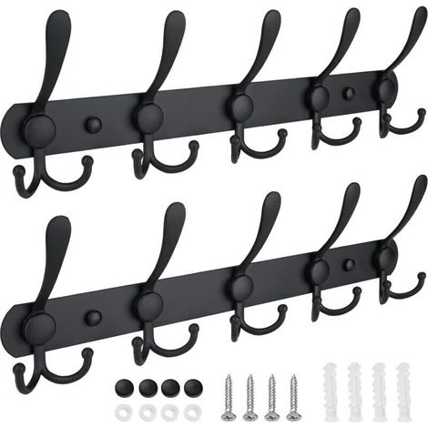 Porte-manteau mural, cinq crochets robustes, construction entièrement en métal pour veste, manteau, chapeau dans l'entrée du vestiaire (noir mat, paquet de 2)