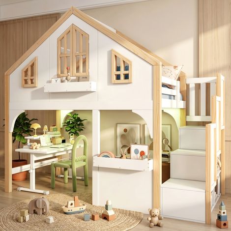 Lit Mezzanine Enfant -Lit Cabane 90x200 cm Avec LED Et Escalier De Rangement -Fenêtre Et Espace De Jeu -Pin Massif Et MDF-Blanc (1/5)