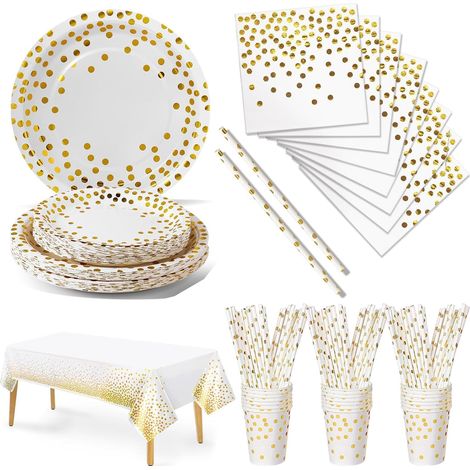 126 Pcs Blanc Or Vaisselle Jetable Anniversaire -25 invités