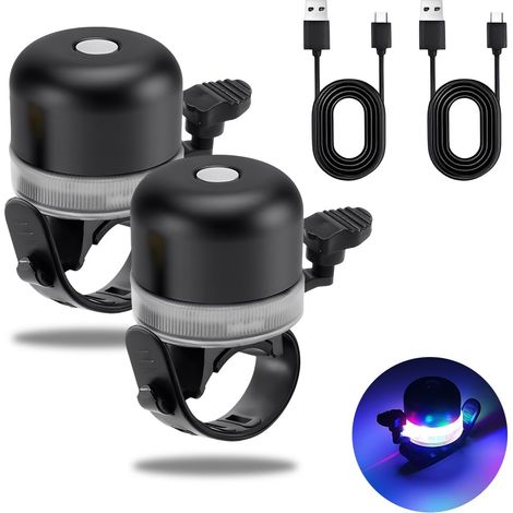Timbre de bicicleta de dos piezas con luz, timbre de bicicleta negro con 3 modos de luz ajustables (negro). (1/5)