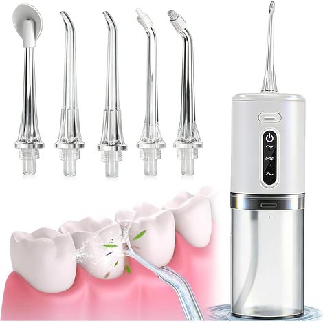 Jet Dentaire Hydropulseur, Irrigateur Oral Sans Fil avec 8 Buses, Réservoir 280 ML, Étanche IPX7, Technologie d’Eau Pulsée et Grande Autonomie pour Maison et Voyage (1/5)