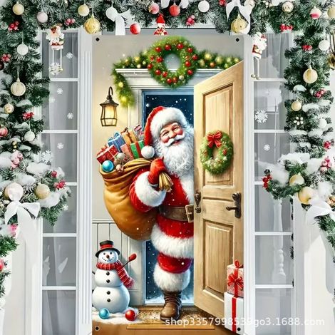 Décoration de porte de Noël 2026, tissu de fond extérieur, polyester, tenture suspendue - 90 x 180 cm (rainure + ruban) - Style 18