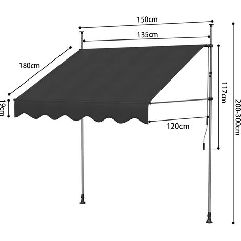 Store banne – 150×120 cm – Noir – Manivelle – Hauteur et angle ajustables – Installation sans perçage – Terrasse/balcon/jardin
