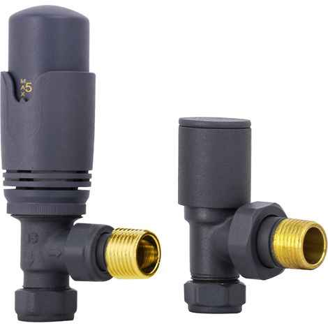 NRG Anthracite Angled TRV Thermostatic Designer Radiator Valve Central Heating Taps with Free Manual Angled Valve