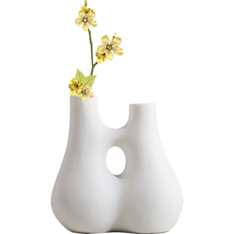 Vase décoratif blanc design moderne avec fleurs séchées et fraîches abstraites pour salon bureau TV showroom (1/5)