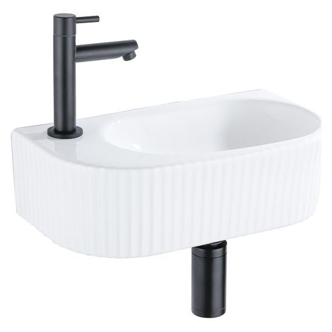 QeramiQ Fuente Ensemble lave-mains - 40x21.5x12cm - gauche - cannelé - demi-rond - 1 trou de robinet - céramique - robinet lave-mains noir mat - (1/5)