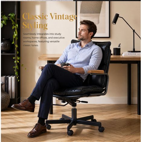 Fauteuil de bureau en cuir ergonomique, chaise pivotante à roulettes avec accoudoirs en chêne, siège réglable en hauteur pour dirigeant, usage professionnel et domestique. (1/5)