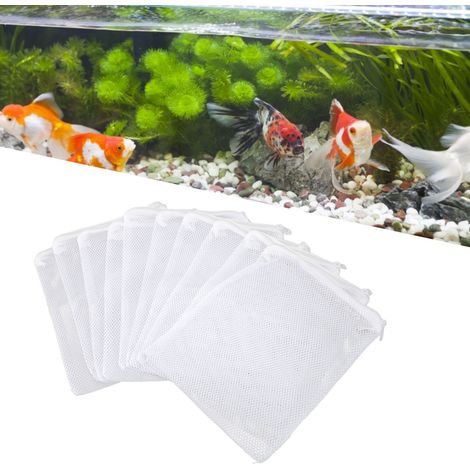 Sac de Filtration pour Aquarium - Lot de 10 Sacs en Filet 14x20cm Blanc avec Anneaux Céramiques et Charbon Actif (1/5)