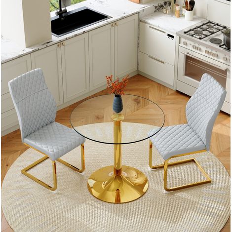 Juego de mesa y 2 sillas de comedor, 85x85x76 cm, tablero de vidrio templado, metal y PU, dorado, gris claro y transparente (1/5)