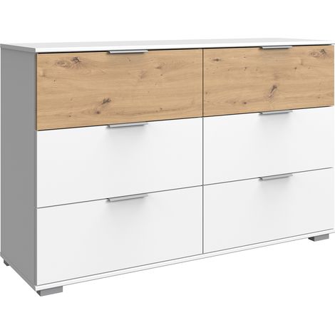 Pegane – Commode de rangement blanc imitation chêne artisan – 6 tiroirs – Longueur 130 cm x Hauteur 90 cm x Profondeur 41 cm – Panneaux mélaminés (1/4)