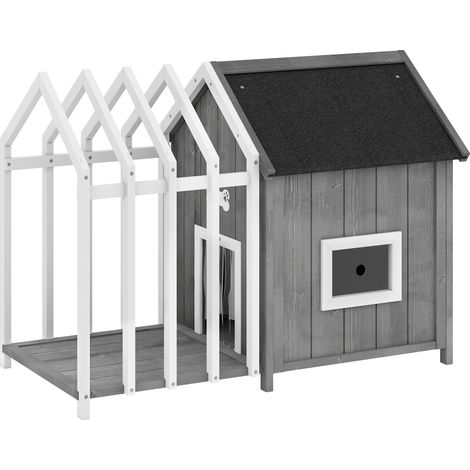 Niche pour chien extérieur en bois maison chien extérieur avec terrasse, porte à lamelles, 106 x 62,5 x 80,5 cm, gris (1/5)