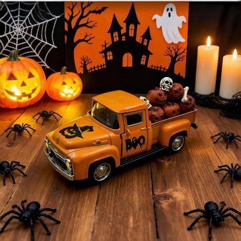 Halloween Decoration,Camion Vintage en Métal avec Squelette et Citrouille pour Centres Orange bol À Soupe Sorcière DECORS DE TABLE (1/5)