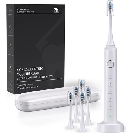 [JAMAIS UTILISÉ] Brosse à dents électrique pour adulte - Brosse à dents sonique avec 3 types de 6 têtes de brosse, 5 modes, rechargeable et minuterie intelligente intégrée, chargement sans fil, niveau (1/5)