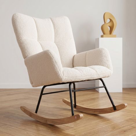ADWOLT Fauteuil à Bascule,Rocking Chair, Scandinave, Pieds en Bois, Chaise, Pour Salon,Chambre,Salle à Manger,Laine d'agneau, Blanc,88x52x96cm (1/5)