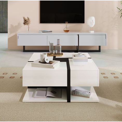 MEUBLIV Mesa de centro 78x78x36 cm blanca y negra con 4 cajones y estante inferior (1/5)