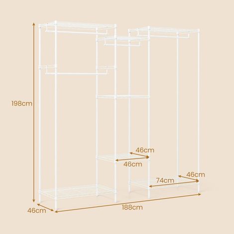 Portant à vêtements blanc en métal avec 7 étagères réglables et 4 barres, montage droit ou en L, pour chambre, dressing et buanderie (1/5)