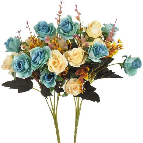 Fleurs artificielles, 2 roses artificielles en plastique, plantes pour la décoration de table à la maison, à l'hôtel ou pour un mariage. Vert paon-AquaForge (1/5)