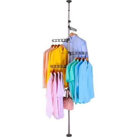 Porte-Manteau Téléscopique Séchoir à Linge en Métal et Plastique Étendoir Pliable avec 4 Bras et Crochets, Réglable en Hauteur 175-235 cm ou 230-290 cm, pour Salon, Chambre, Bureau, Gris