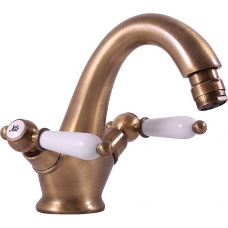 Mélangeur lavabo rétro MORAVA en bronze poignée en céramique avec siphon (1/4)