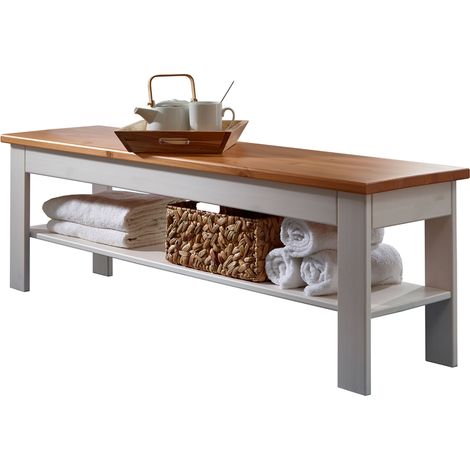 Bettbank SAVONA-69 in Kiefer massiv weiß mit honig, B/H/T: ca. 140/45/35 cm (1/3)