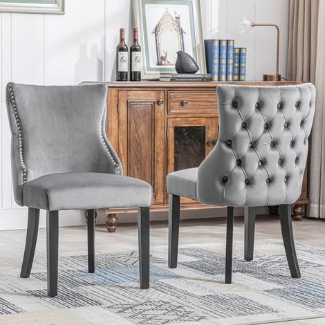 Chaises en velours gris avec dossier capitonné et pieds en bois massif, style élégant pour salle à manger, de 2 (1/5)