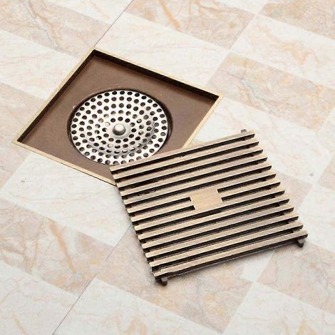 Bonde de sol carrée pour douche, en laiton, 10 x 10 cm, couleur bronze antique, avec filtre, adaptée aux zones humides et à l'évacuation des eaux usées domestiques.-AquaForge (1/4)