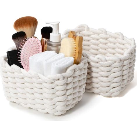 Panier de rangement - Blanc - Lot de 2 - Panier tressé en coton - Boîte de rangement - Robuste et durable - Décoratif (1/5)