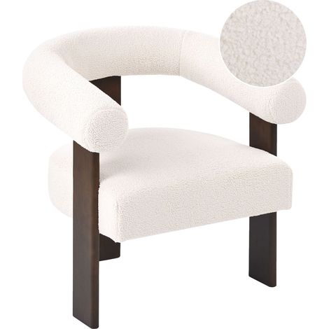 Poltrona da Soggiorno Retrò Rivestimento in Bouclé Gambe in Legno Bianco Sporco e Marrone Scuro