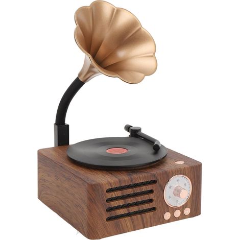 Tourne-Disque Vintage, Platine Vinyle Portable à Grain de Bois avec Corne en Cuivre, Fonction Radio FM, Haut-Parleur Bluetooth Compact, pour Divertissement, Décoration de la Maison (1/5)