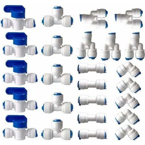Raccord Osmoseur de filtre à eau, Raccord Droit 1/4" (6MM) Pushfit pour Tuyau de Filtre à Eau, Raccords pour Réfrigérateur Tubes de (Robinet Combiné de Type Y + T + I + L + Robinet d'Arrêt)25 pièces (1/4)
