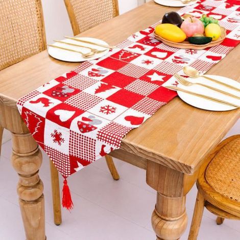 1 Chemin de table, 35x180cm, tissu rouge blanc, lavable machine, décoration Noël, intérieur maison (1/4)