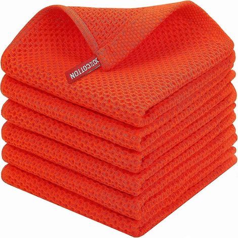 Lot de 6 torchons de cuisine 34x34cm en coton gaufré, séchage rapide et absorbants, avec cintre, orange (1/5)