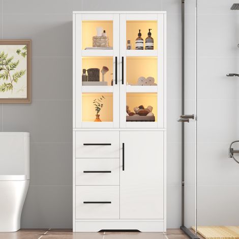 Meuble de salle de bain 72 x 35 x 170 cm, meuble de rangement avec éclairage LED, portes vitrées doubles, 3 tiroirs et 2 placards, éclairage LED contrôlé par application, étagères réglables, poignées