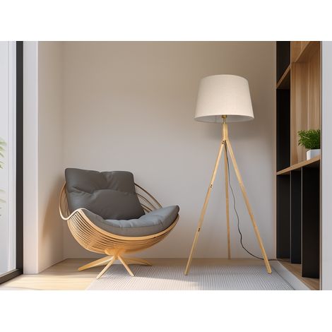 Stehlampe mit Holz Dreibein & E27 Leinen Lampenschirm Beige, Höhe 157cm (1/5)