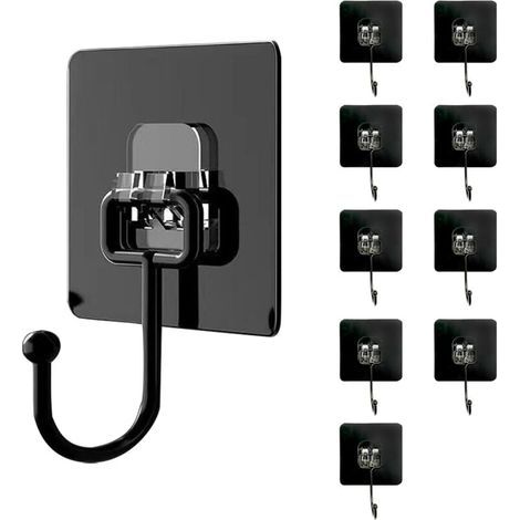 Set of 10 black, waterproof, adhesive wall hooks, no drilling required, suitable for wall mounting in bathrooms and kitchens (1/4)