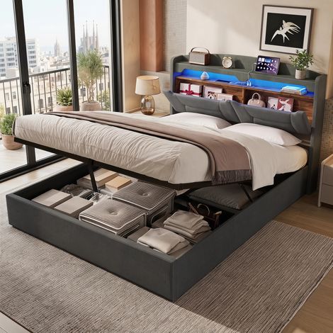 JOOKGBD‑Cama con almacenamiento 140x200cm, cabecera con estante de almacenamiento, tiras LED RGB, puertos USB‑A y Type‑C,tejido lino gris claro, estructura robusta para dormitorio moderno (1/5)