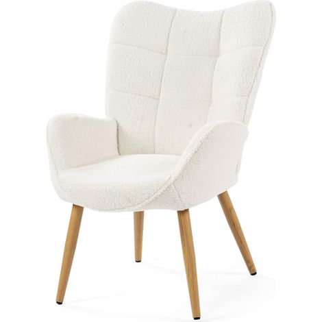 Meuble Cosy Fauteuil de Salon Chambre Scandinave Chaise Coiffeuse avec Accoudoirs et Assise Épais Pieds en Métal Effet Bois Rembourré en Boulette Beige (1/5)