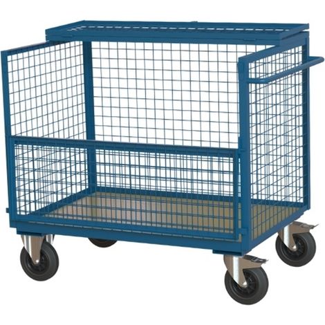 PROVOST - Chariot utilitaire grillagé avec toit et demi-ridelle rabattable - Bleu RAL 5019