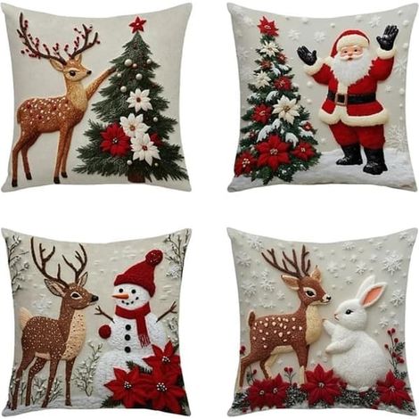Taie d'oreiller de Noël 45x45 cm – Housse de coussin en lin avec Père Noël, rennes, bonhomme de neige et sapin de Noël pour la décoration de Noël (1/5)
