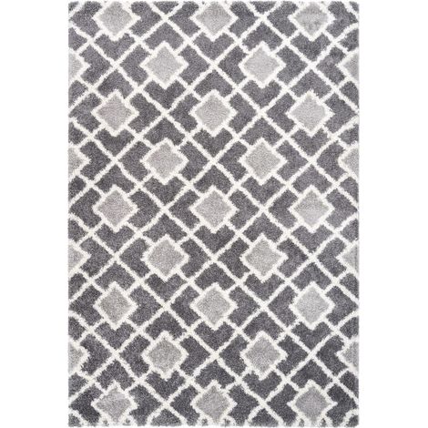 Tapis longs poils shaggy 80x150 gris et blanc tissé rectangle motif scandinave (1/5)