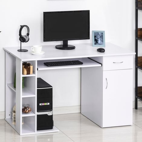 Ergonomischer PC-Schreibtisch mit Ablagen, Schrank, Schublade und ausziehbarer Tastaturablage, Weiß, 120 x 60 x 74 cm