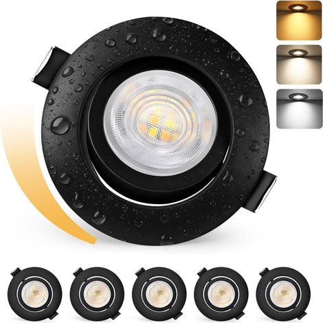 Lot de 6 spots LED encastrables - 230 V - Intensité variable - 60-70 mm - 5 W - 550 lm - 3000 K/4000 K/6500 K - IP44 - Pour salle de bain et salon - En aluminium brossé - Non rotatifs