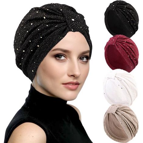 Turbante de lentejuelas de 4 piezas para mujer – Brillante con lazo – Elástico – Elegante hijab (1/4)