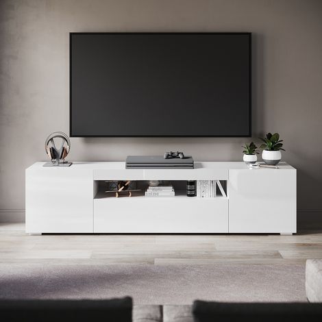 ELEGANT 2000mm Modern White High Gloss TV Stand Cabinet with LED Ambient Lights Living Room Cabinet Media Stand Furntiure for 32"-75" Flat Screen 4k TVs