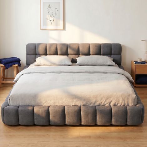 Lit adulte 160x200, lit double avec dossier moelleux, lit plat avec bordure rembourrée, tissu lin, sommier à lattes inclu(160x200, Gris)